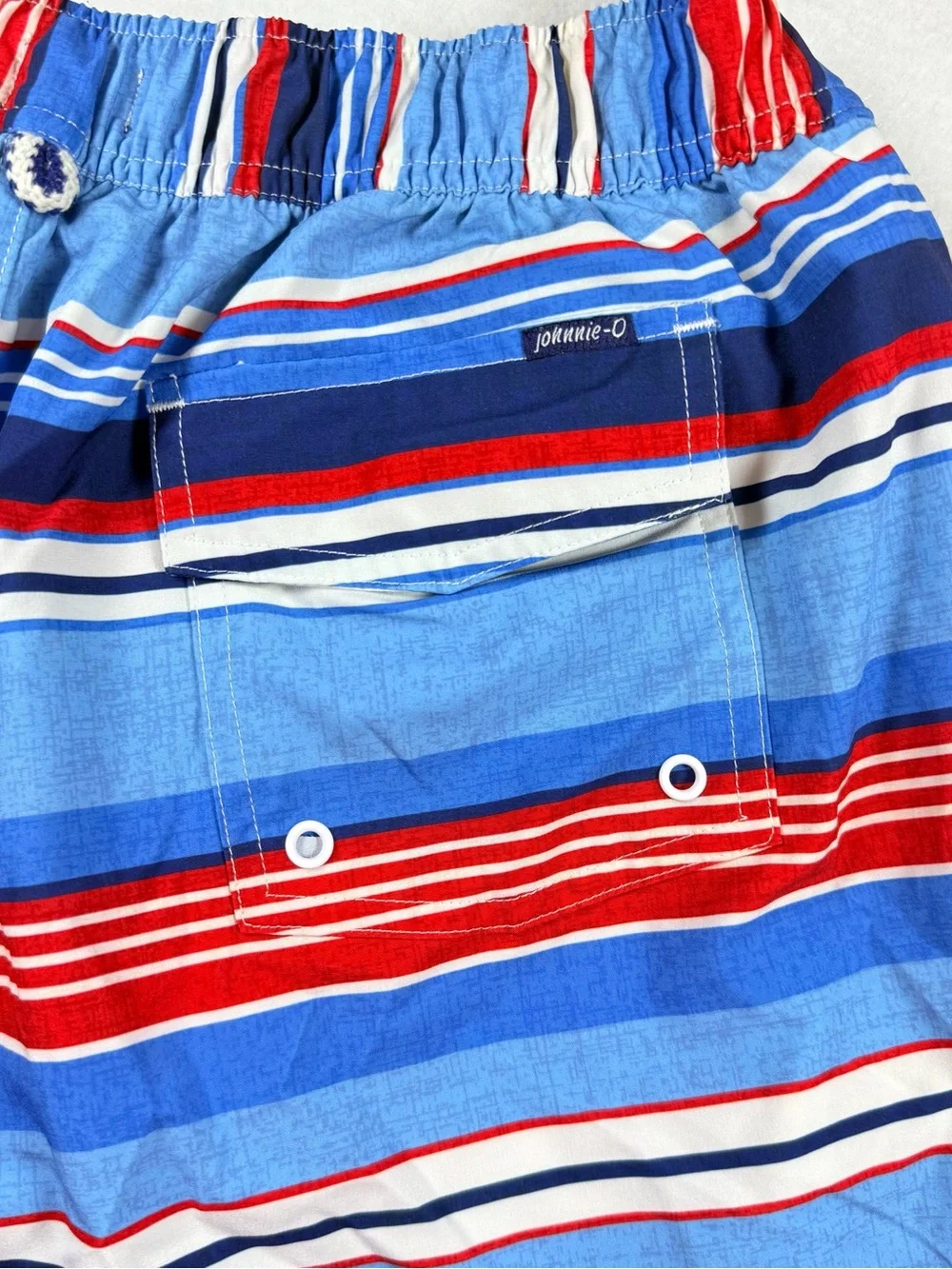 Johnnie-O Swim Trunks Medium Blue Red White Stripes Coastal Nautical